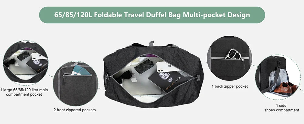 Travel Duffle Bag for Men 65L Foldable Outdoor Travel Duffel Bag with Shoes Compartment Overnight Bag for Men Women Handbag