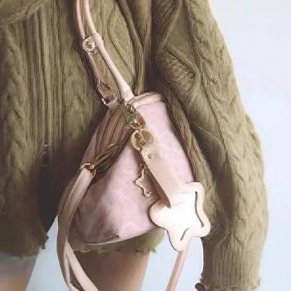 Y2K Polka Dot Suede Storage Bags Women Brown Slouchy Tote Drawstring Design Magnetic Buckle Underarm Bag With Star Pendant