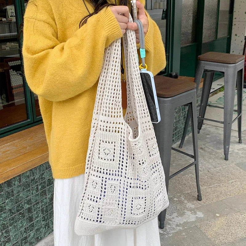 Simple Crochet Tote Bags Fashion Hollow Knitted Women's Bags Casual Female Shoulder Bags Ladies Shopping Top-Handle