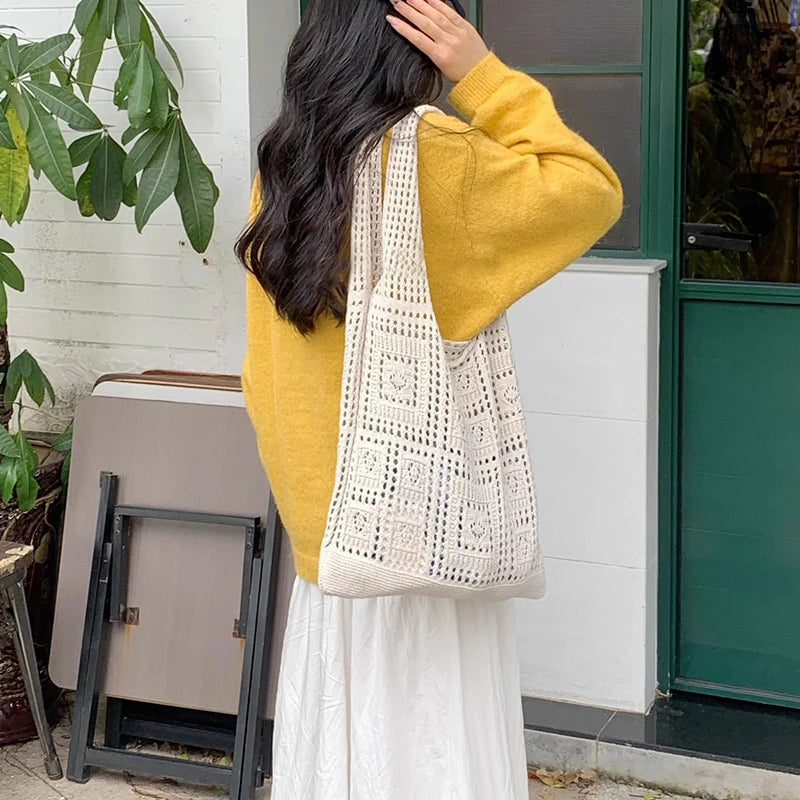 Simple Crochet Tote Bags Fashion Hollow Knitted Women's Bags Casual Female Shoulder Bags Ladies Shopping Top-Handle