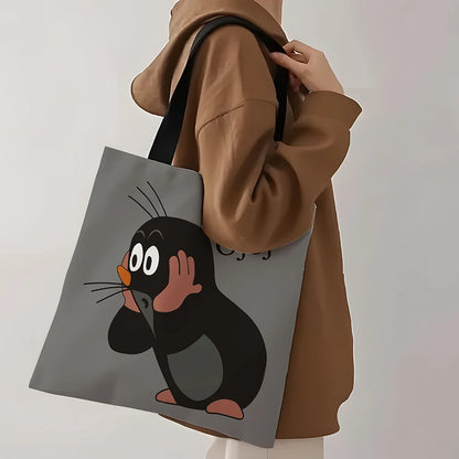 1 Pcs Cute Mole Cartoon Tote Bag - Reusable Large Capacity Shopping Bag for Daily Use, Grocery, Travel & Work (Gray)