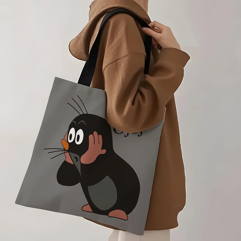1 Pcs Cute Mole Cartoon Tote Bag - Reusable Large Capacity Shopping Bag for Daily Use, Grocery, Travel & Work (Gray)