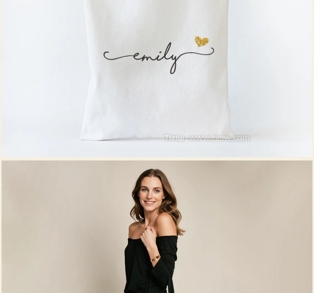Custom Tote Bag With Name And Heart Personalized Canvas Shopping Bag Eco-Friendly Gift For Bridesmaid Wedding And Birthday