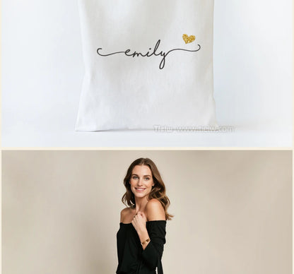 Custom Tote Bag With Name And Heart Personalized Canvas Shopping Bag Eco-Friendly Gift For Bridesmaid Wedding And Birthday