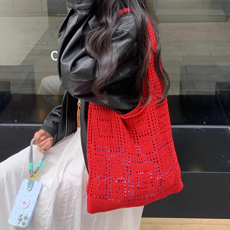 Simple Crochet Tote Bags Fashion Hollow Knitted Women's Bags Casual Female Shoulder Bags Ladies Shopping Top-Handle
