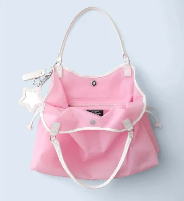 Y2K Polka Dot Suede Storage Bags Women Brown Slouchy Tote Drawstring Design Magnetic Buckle Underarm Bag With Star Pendant