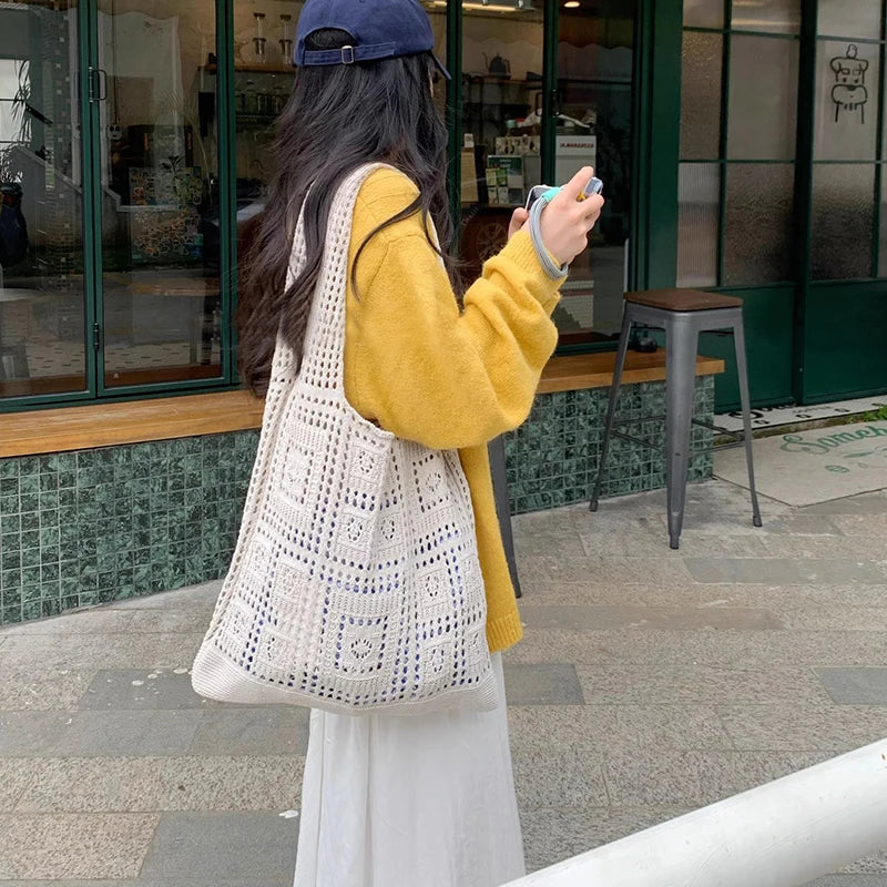 Simple Crochet Tote Bags Fashion Hollow Knitted Women's Bags Casual Female Shoulder Bags Ladies Shopping Top-Handle