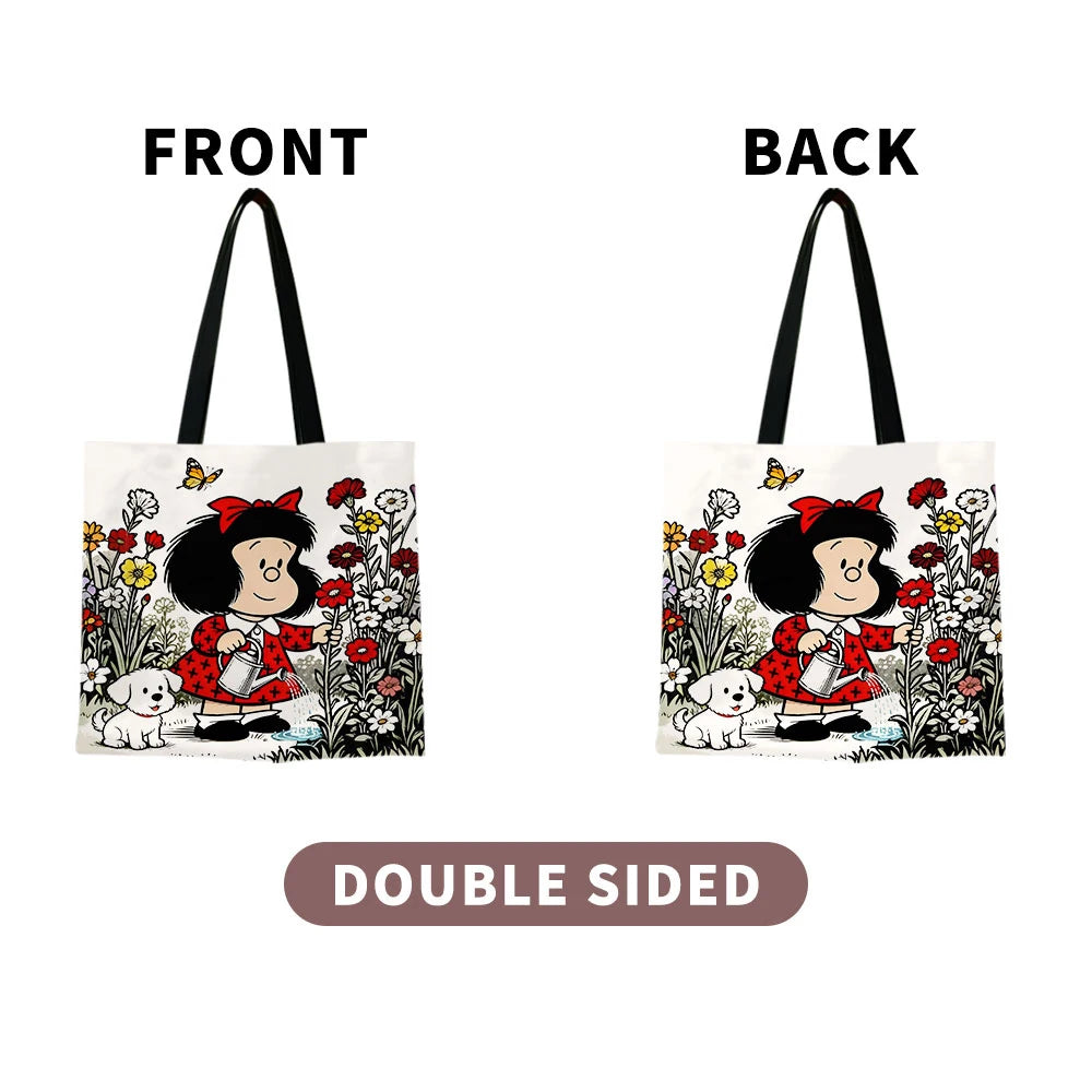 1pc Vintage Cartoon Girl and Puppy Gardening Tote Bag Featuring a cute watering scene, vibrant red accents and butterfly details