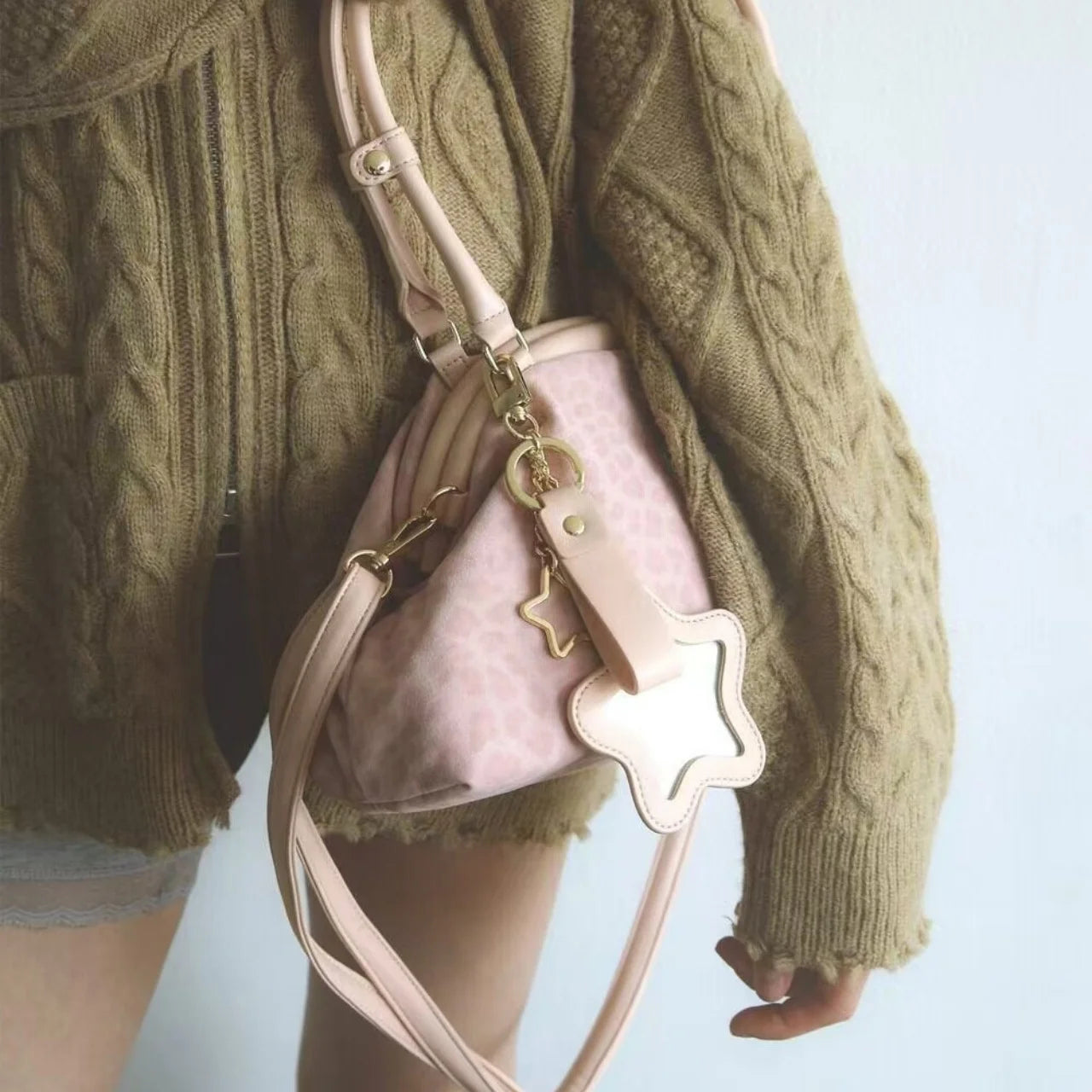 Y2K Polka Dot Suede Storage Bags Women Brown Slouchy Tote Drawstring Design Magnetic Buckle Underarm Bag With Star Pendant