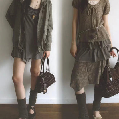 Y2K Polka Dot Suede Storage Bags Women Brown Slouchy Tote Drawstring Design Magnetic Buckle Underarm Bag With Star Pendant