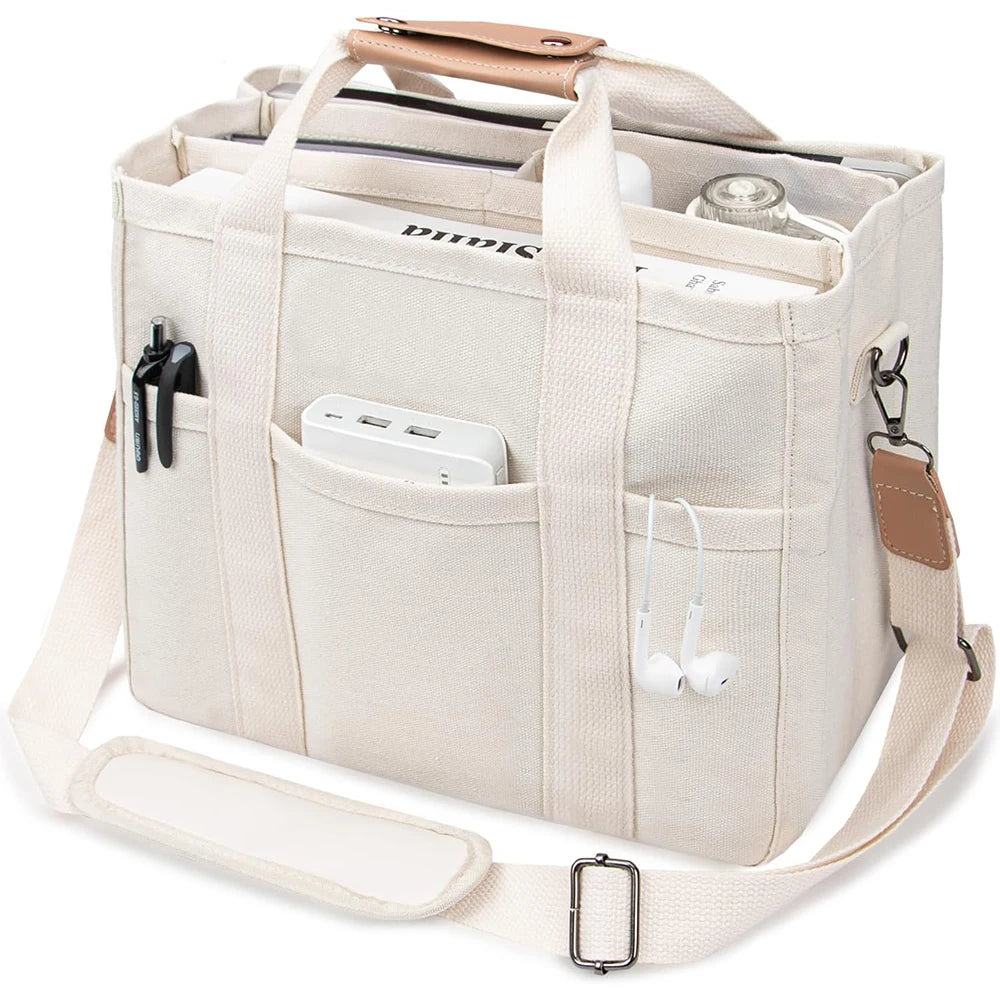 Women’s Canvas Tote Bag with Multiple Pockets, Large Capacity Shoulder Messenger Bag, Stylish, Durable & Versatile for Daily
