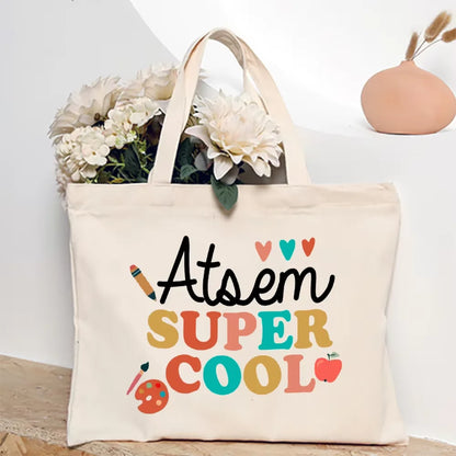 Super Atsem Maitresse Printed Tote Bag Teacher Life Shopping Bags Travel Handbags Teacher's Day Graduate Thanks Gift for Teacher