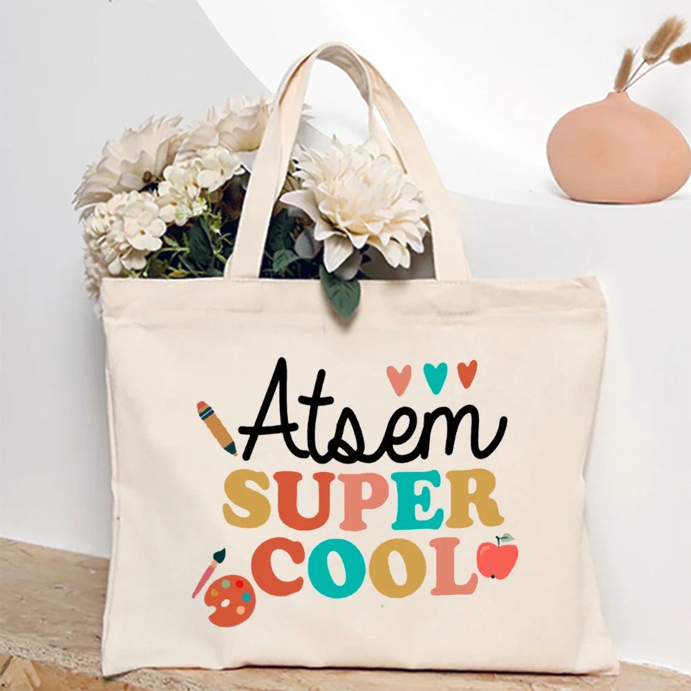 Super Atsem Maitresse Printed Tote Bag Teacher Life Shopping Bags Travel Handbags Teacher's Day Graduate Thanks Gift for Teacher