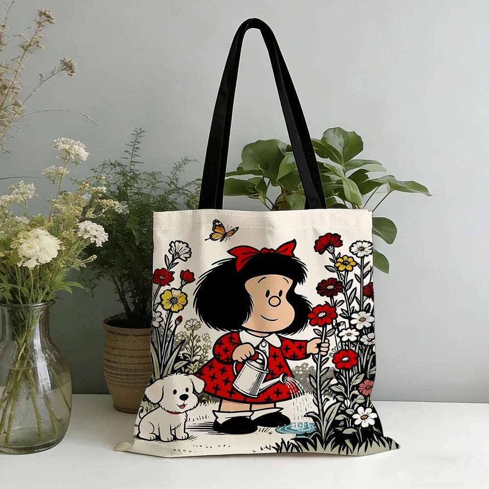 1pc Vintage Cartoon Girl and Puppy Gardening Tote Bag Featuring a cute watering scene, vibrant red accents and butterfly details