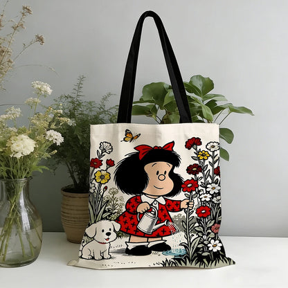 1pc Vintage Cartoon Girl and Puppy Gardening Tote Bag Featuring a cute watering scene, vibrant red accents and butterfly details