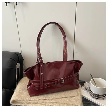 Solid-color Versatile Tote Bag for Women High-quality Suede Buckle-designed Bucket Commuter Bag