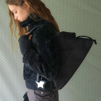 Y2K Polka Dot Suede Storage Bags Women Brown Slouchy Tote Drawstring Design Magnetic Buckle Underarm Bag With Star Pendant
