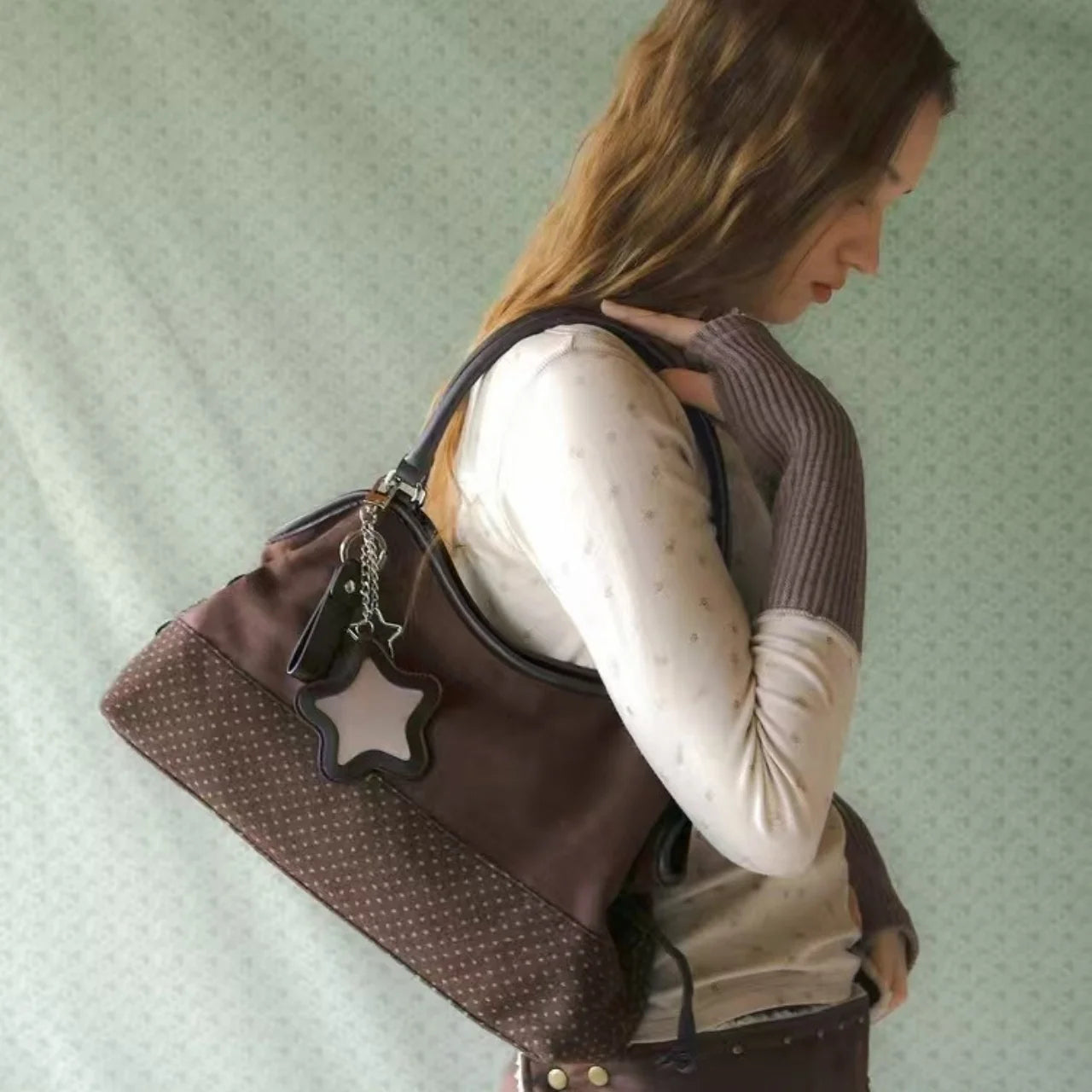 Y2K Polka Dot Suede Storage Bags Women Brown Slouchy Tote Drawstring Design Magnetic Buckle Underarm Bag With Star Pendant