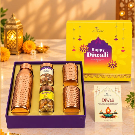 Copper Diwali Gift Hamper with 750ml Bottle, 2 Glasses and Dry Fruits