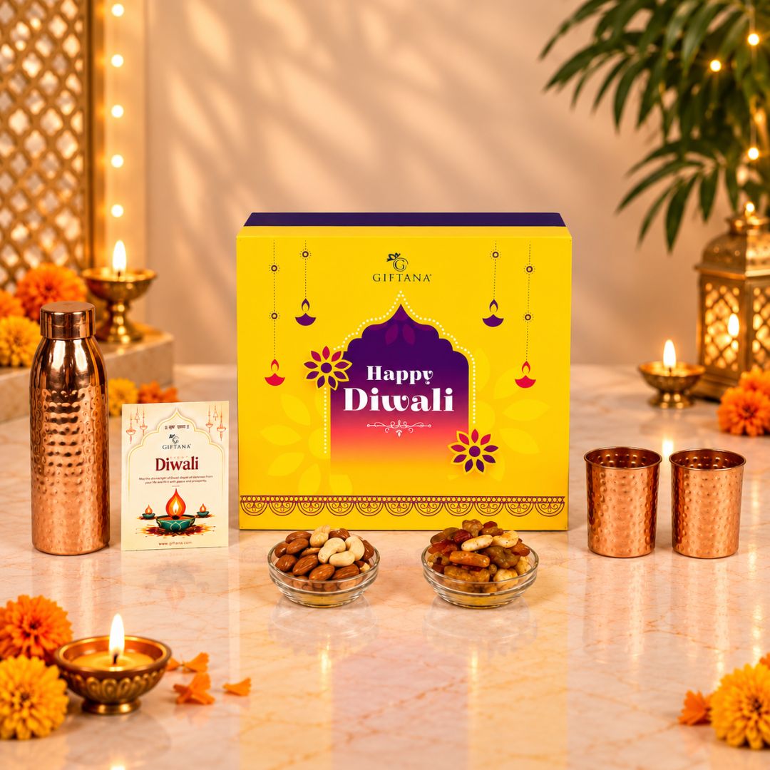 Copper Diwali Gift Hamper with 750ml Bottle, 2 Glasses and Dry Fruits