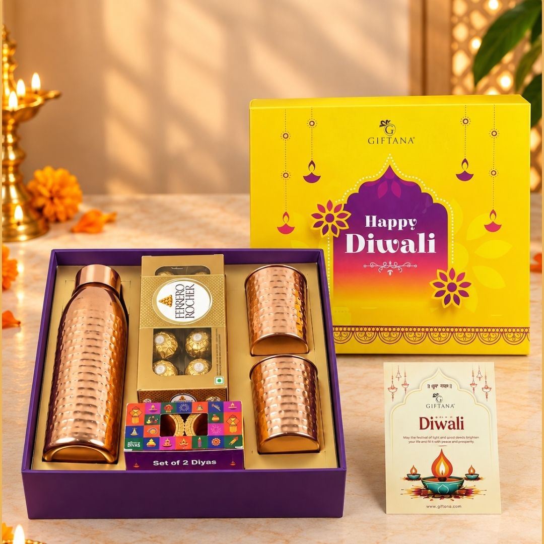 Copper Diwali Gift Set with 750ml Bottle, 2 Glasses and Ferrero Rocher