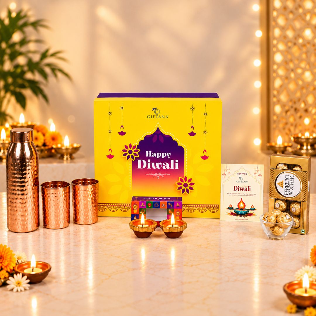 Copper Diwali Gift Set with 750ml Bottle, 2 Glasses and Ferrero Rocher