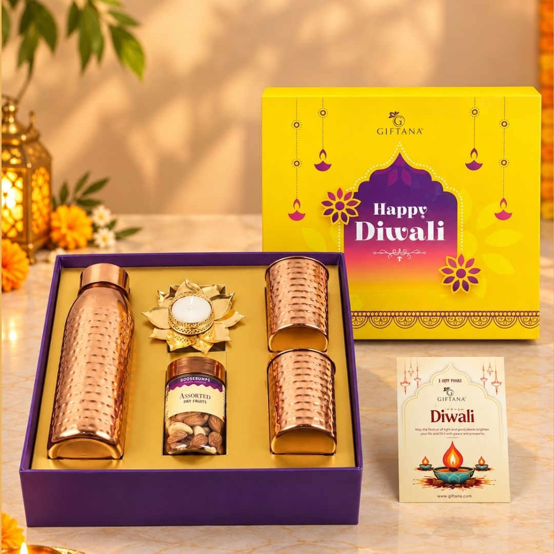 Copper Diwali Gift Set with 750ml Copper Bottle, Glass and Dry Fruits