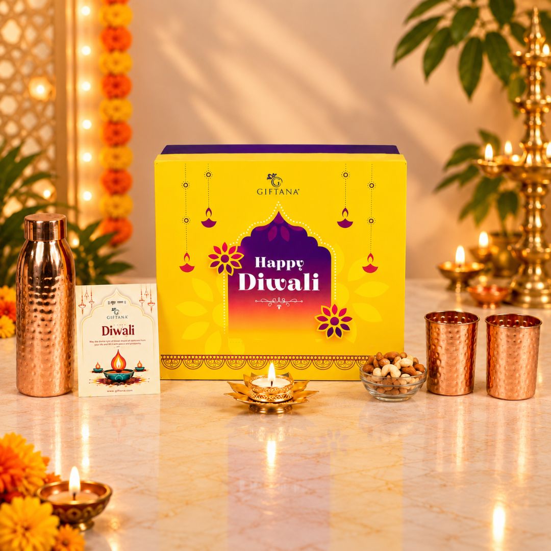 Copper Diwali Gift Set with 750ml Copper Bottle, Glass and Dry Fruits