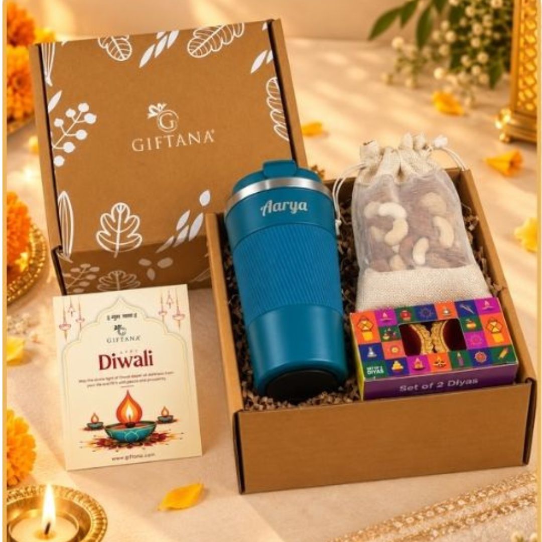 Corporate Diwali Gift Box with Reusable Tumbler, 100g Dry Fruits, 2 Diyas