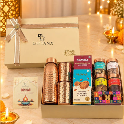 Corporate Diwali Gift Hamper with Copper Bottle Set, Cookies and Dry Fruits