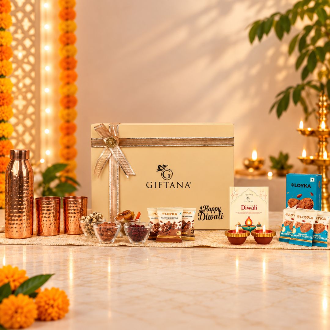Corporate Diwali Gift Hamper with Copper Bottle Set, Cookies and Dry Fruits