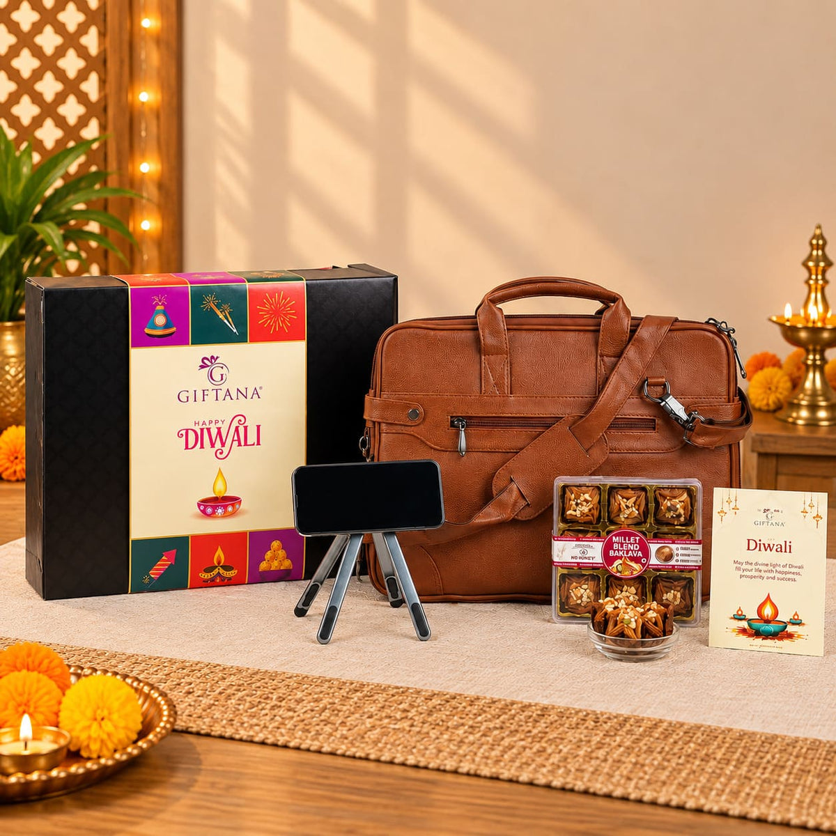 Corporate Diwali Gift Hamper with PU Leather Laptop Bag and Baklawa