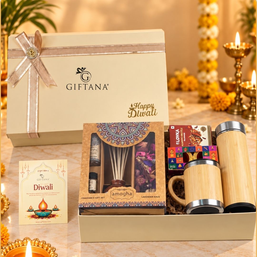 Corporate Diwali Gift Hamper with Reed Diffuser, Bamboo Bottle and Mug