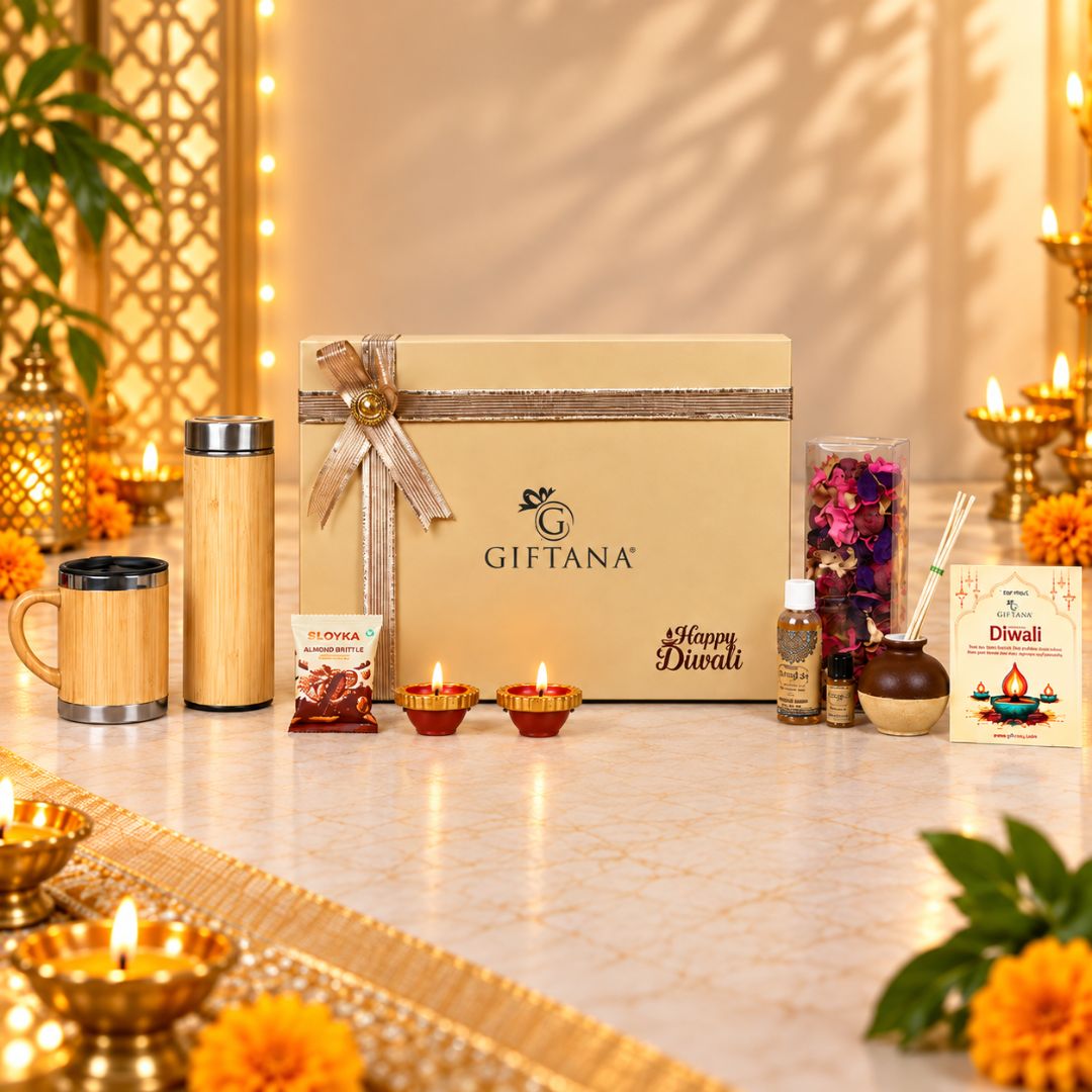 Corporate Diwali Gift Hamper with Reed Diffuser, Bamboo Bottle and Mug