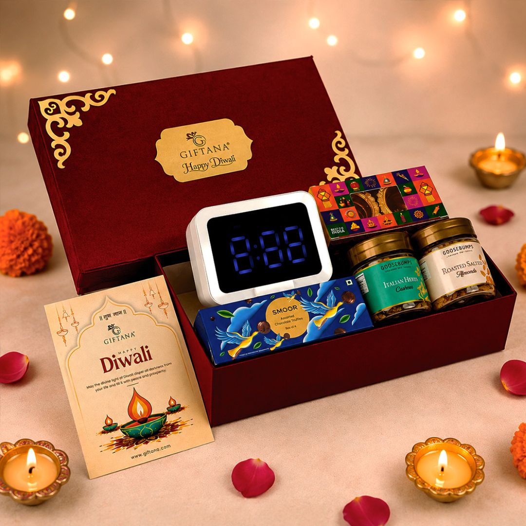 Corporate Diwali Gift Hamper with Speaker Clock, Truffles and Dry Fruits