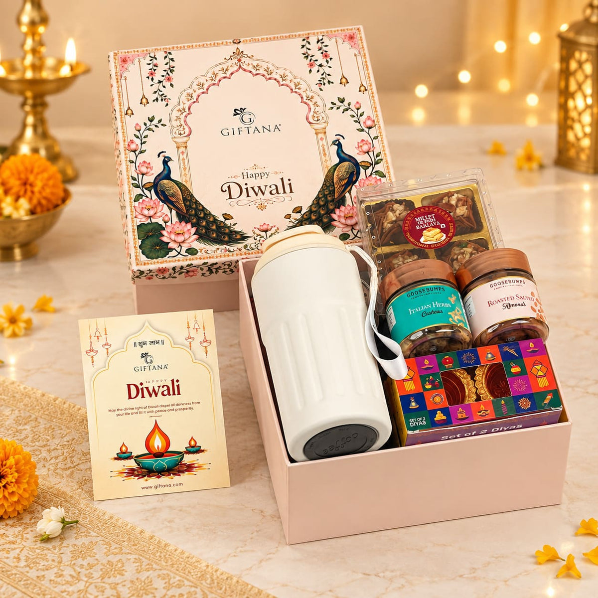 Corporate Diwali Gift Hamper with White Bottle, Cashews and Millet Baklava