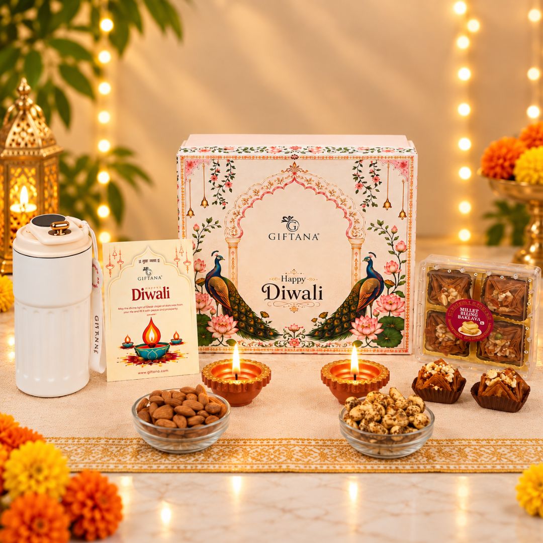 Corporate Diwali Gift Hamper with White Bottle, Cashews and Millet Baklava