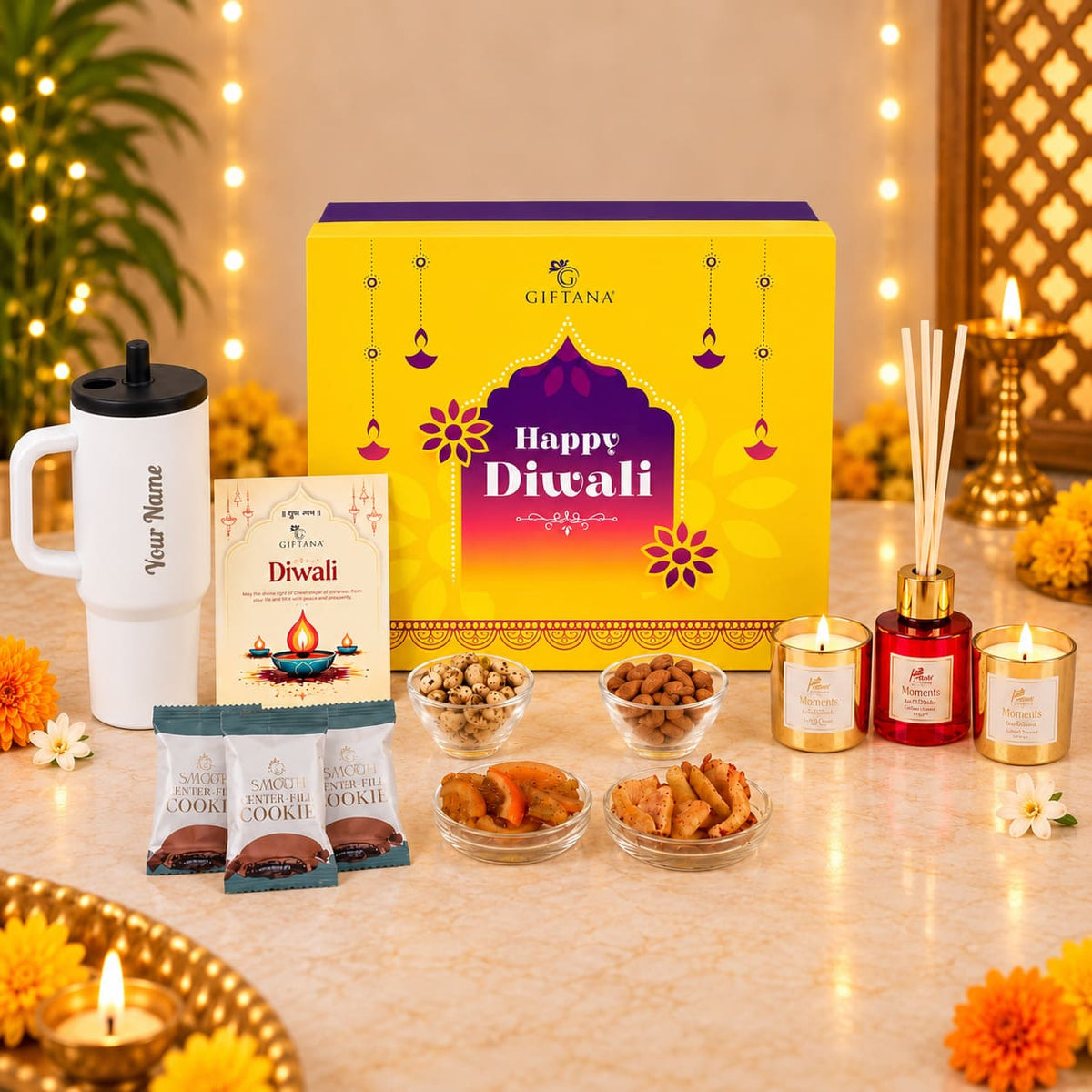 Corporate Diwali Gift Set with 710ml Tumbler, Diffuser and Cookies