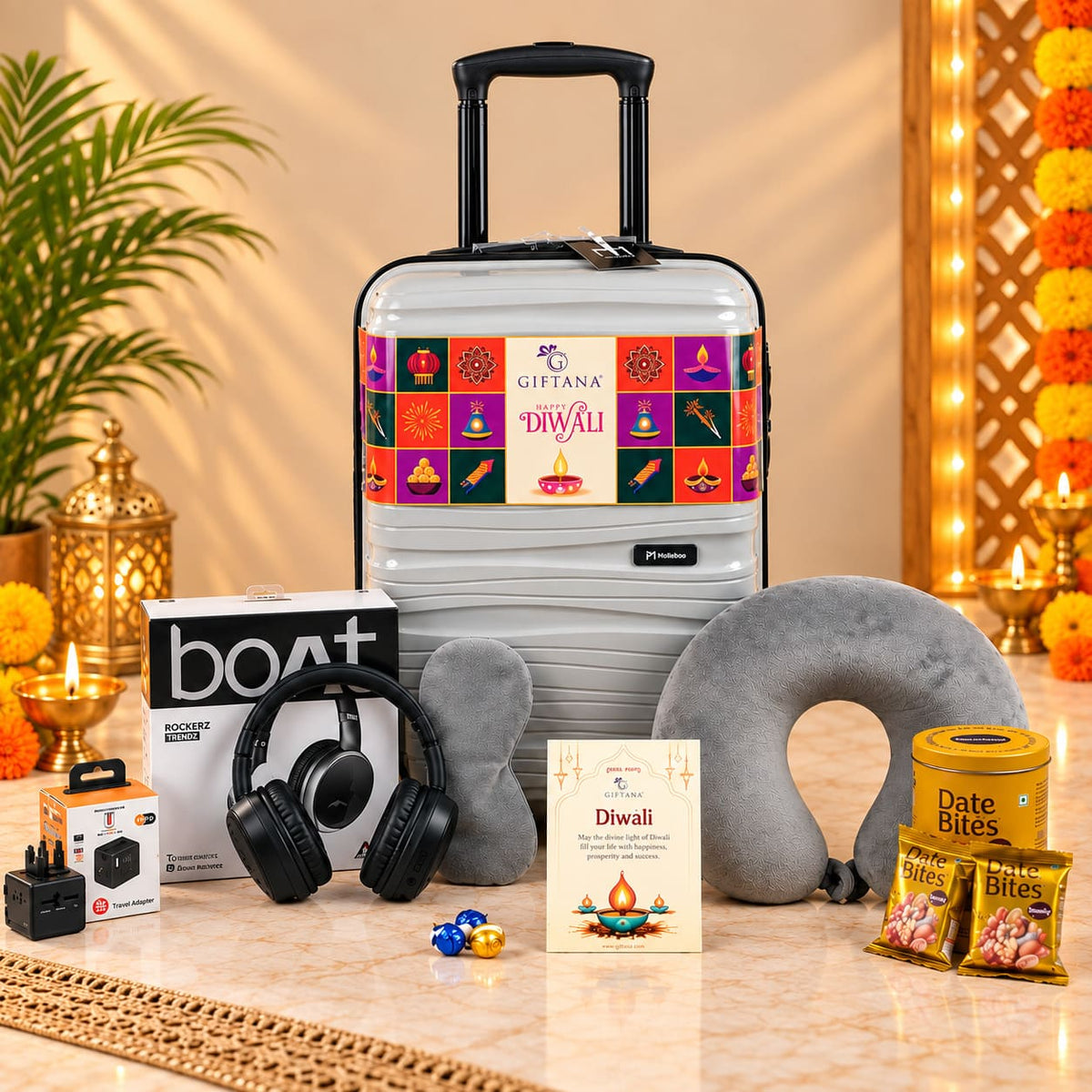 Corporate Diwali Gift Set with Cabin Trolley, boAt Headphones and Pillow