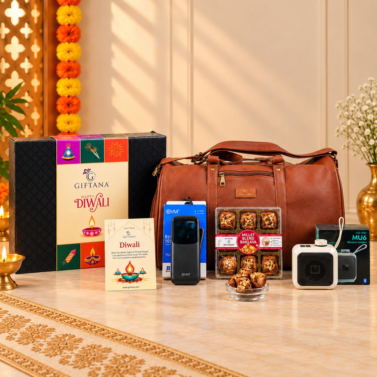 Corporate Diwali Gift Set with PU Leather Duffle, Power Bank and Speaker