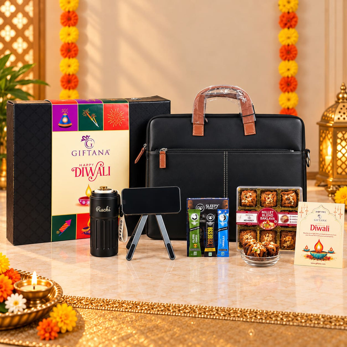 Corporate Diwali Gift Set with Vegan Leather Laptop Bag and Tumbler