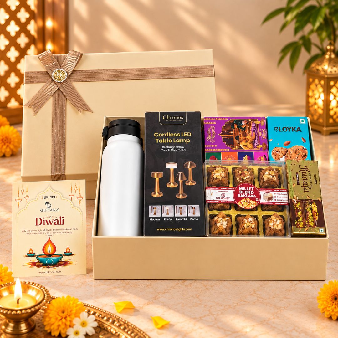 Corporate Diwali Hamper with LED Lamp, 700ml Flask and Kunafa Bar