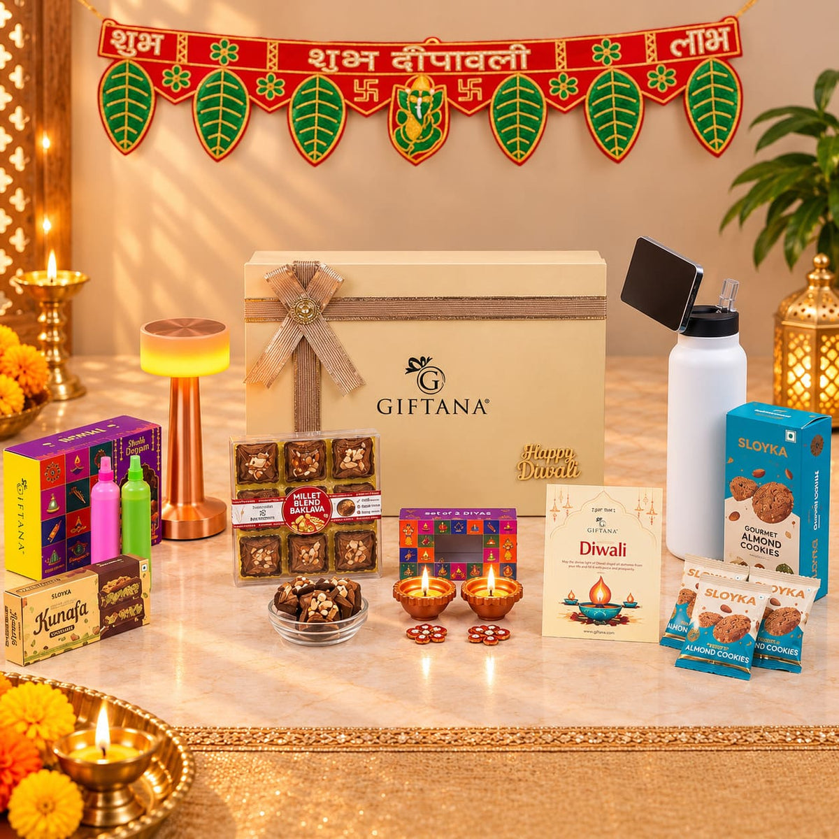 Corporate Diwali Hamper with LED Lamp, 700ml Flask and Kunafa Bar
