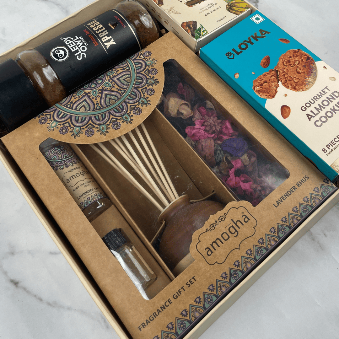 Diwali Coffee Gift Hamper with Sleepy Owl Coffee and Lavender Khus Diffuser
