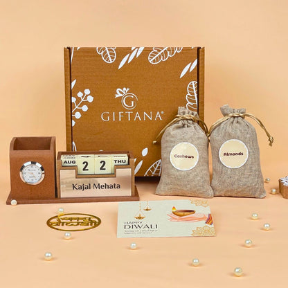Diwali Desk Gift for Employees with Desk Organizer, Cashews and Almonds