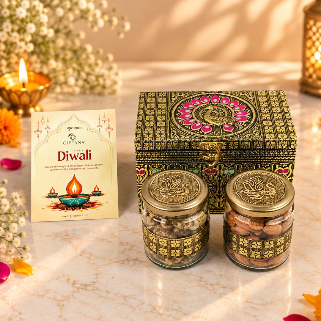 Diwali Dry Fruit Box 2 Jar Peacock Meenakari with Cashew Almond Mix
