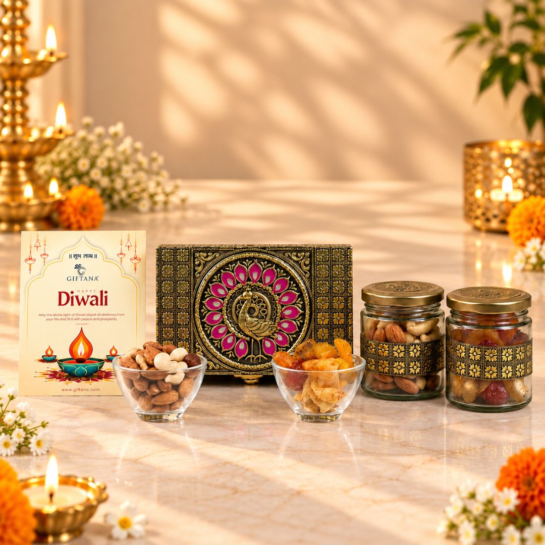 Diwali Dry Fruit Box 2 Jar Peacock Meenakari with Cashew Almond Mix
