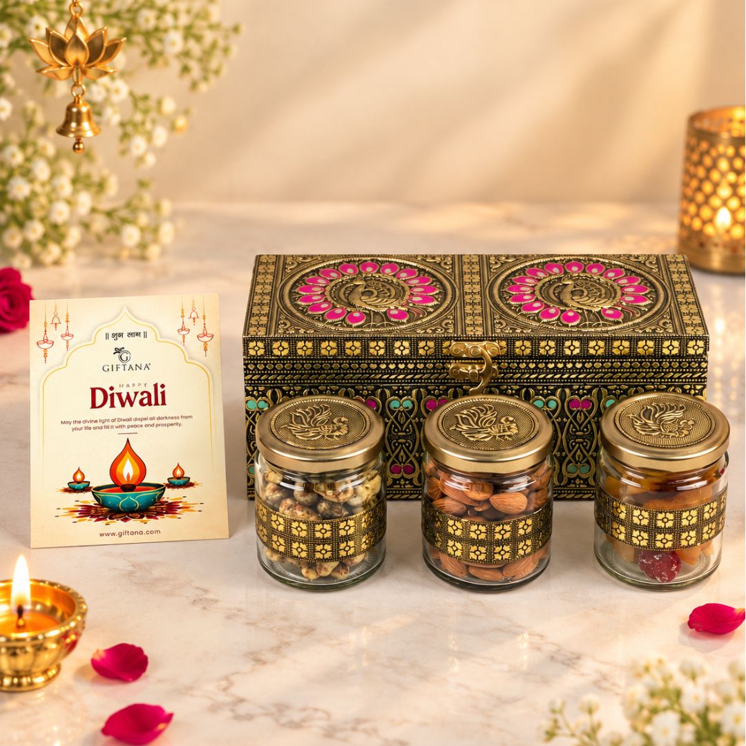 Diwali Dry Fruit Box 3 Jar Peacock Meenakari with Mixed Fruits