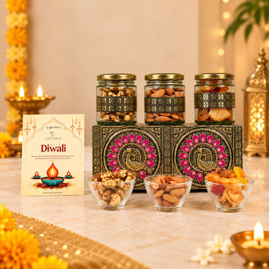 Diwali Dry Fruit Box 3 Jar Peacock Meenakari with Mixed Fruits