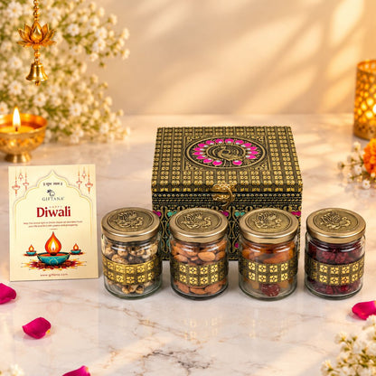 Diwali Dry Fruit Box 4 Jar Peacock Meenakari with Cashews and Cranberry